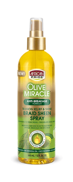 AFRICAN PRIDE OLIVE MIRACLE TENSION RELIEF & SHINE BRAID SHEEN SPRAY 12OZ - Beautylicious Canada
