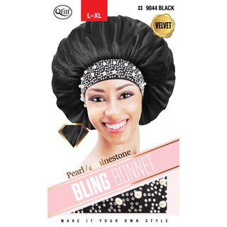 QFITT PEARL & RHINESTONE BLING BONNET - BLACK *9044