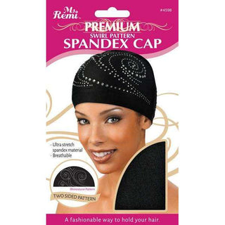 Ms. Remi 2 Side Swirling Waves Pattern Rhine Stone Spandex Cap Black *4598 - Beautylicious Canada